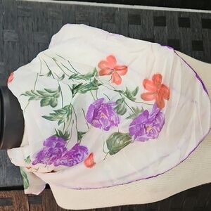 Vintage Floral Print Silk Scarf with Purple and Red Flowers
